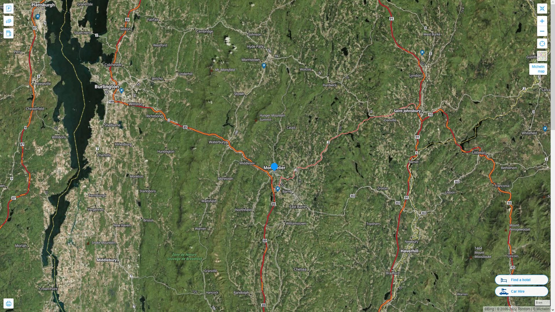 Montpelier Vermont Highway and Road Map with Satellite View